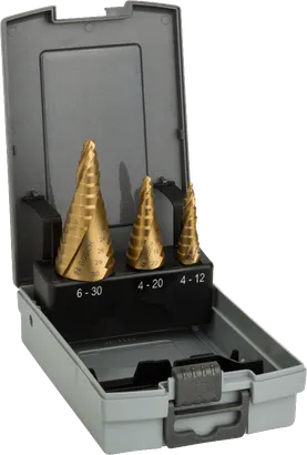 Juego de 3 brocas escalonadas HSS-TiN de Bosch en estuche.